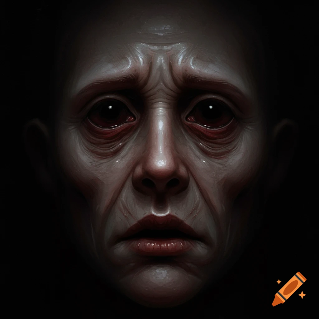 A close-up of a creepy, gaunt face with large, dark eyes and wrinkled skin.