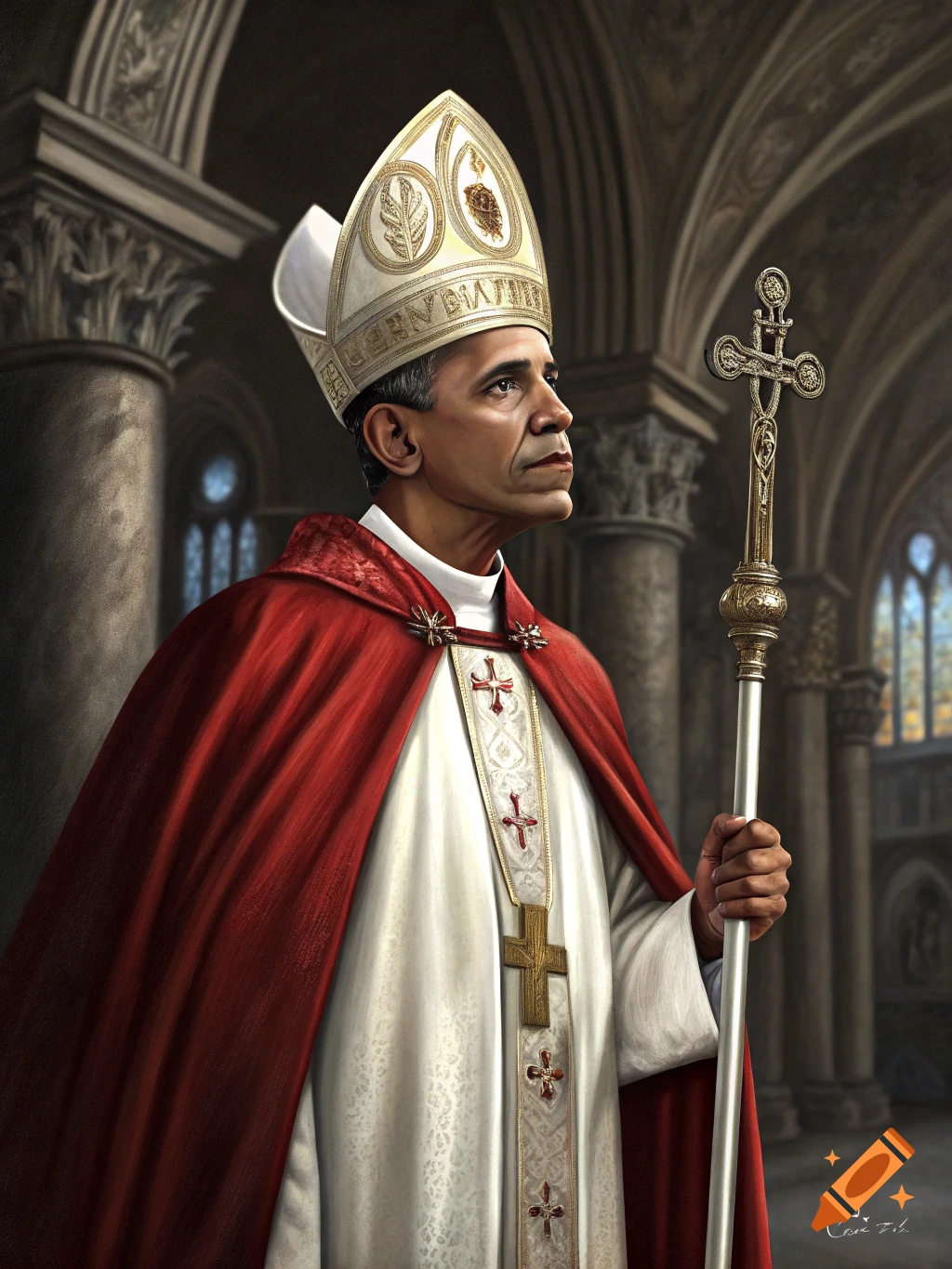 Painting of Barack Obama dressed as a Pope in a church, holding a staff.