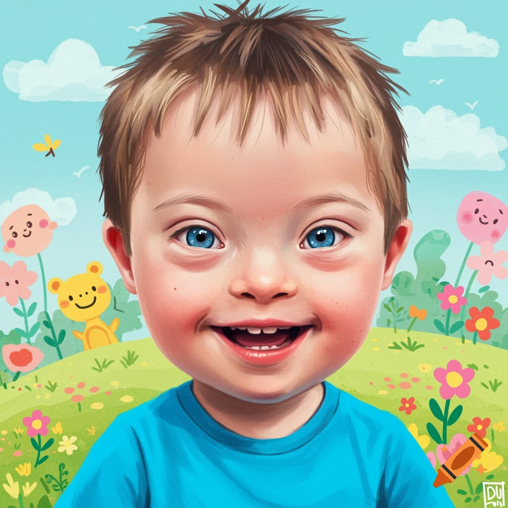 A young boy with Down syndrome is smiling in a vibrant, whimsical landscape with flowers and cartoon animals.