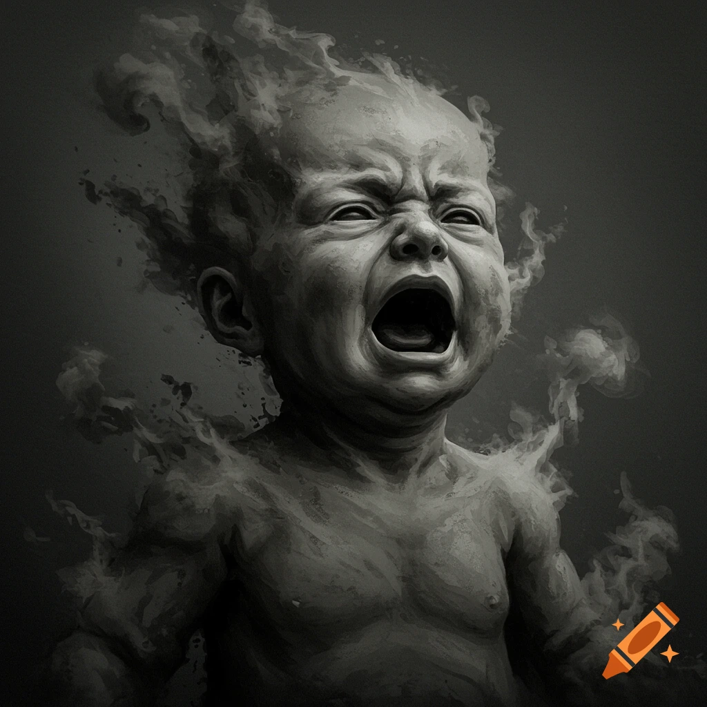 Monochromatic image of a screaming baby made of swirling smoke.