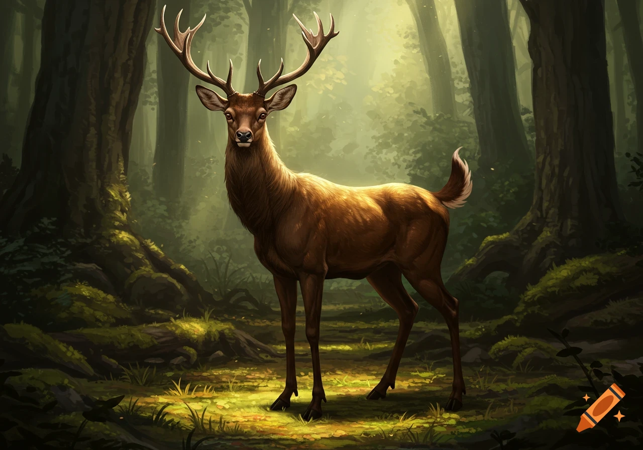 A deer standing in a sunlit forest.