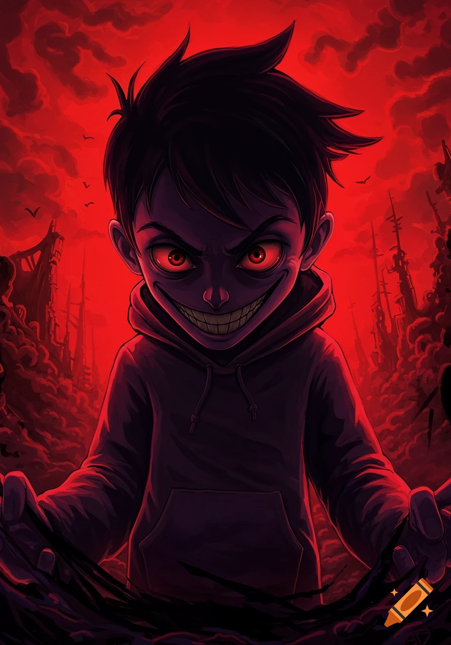 A scary character with red eyes and sharp teeth stands against a red, desolate landscape.