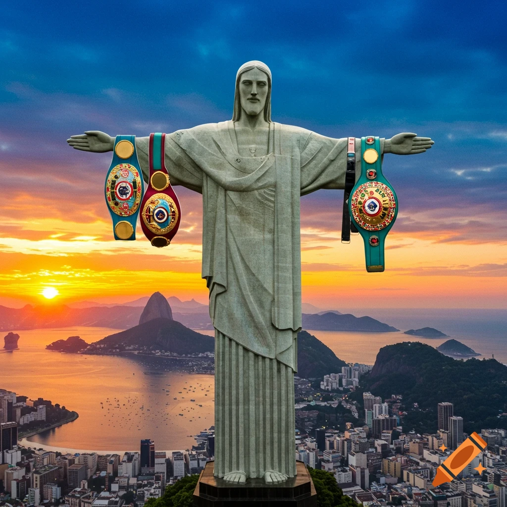 Christ the Redeemer statue in Rio holding boxing championship belts at sunset.