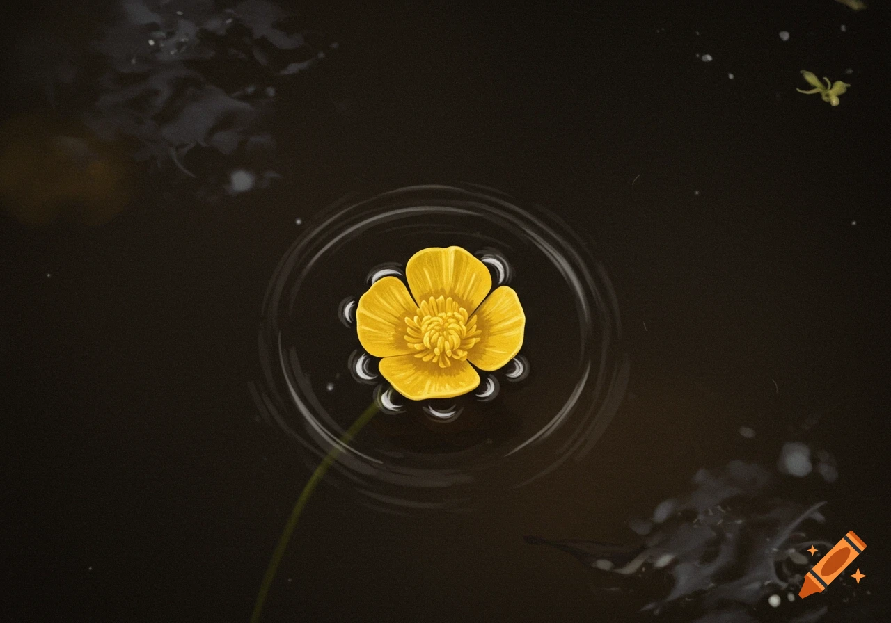 Yellow flower floating on dark water with ripples, viewed from above.
