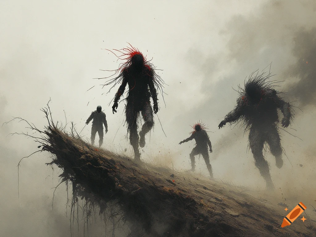 Dark, spiky figures run across a log in a hazy picture.