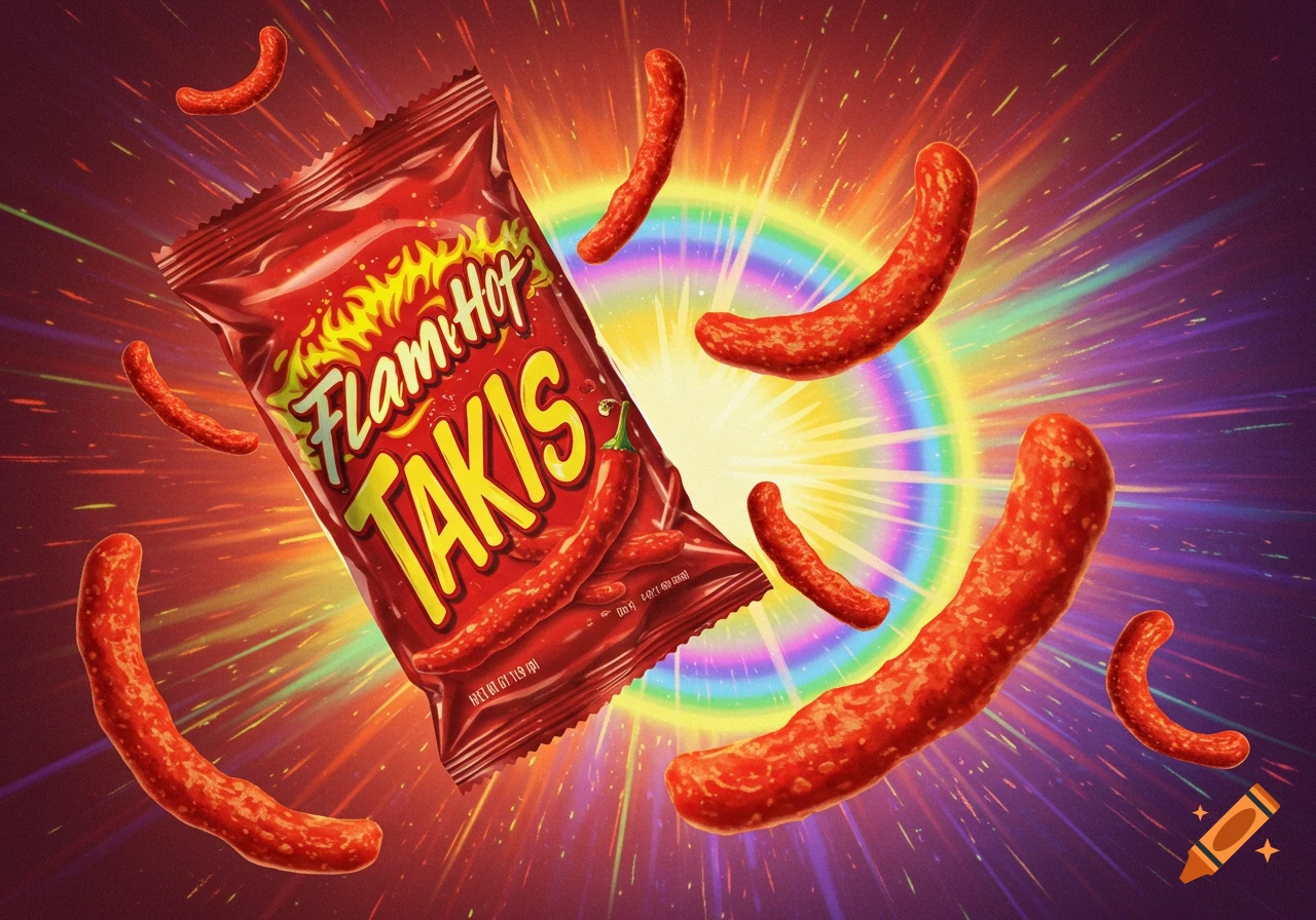 Flaming Hot Takis bag and snacks floating with a rainbow and colorful lines in the background.
