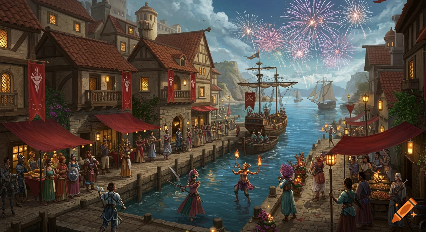 A fantasy harbor town is celebrating with ships, fireworks, and crowds.