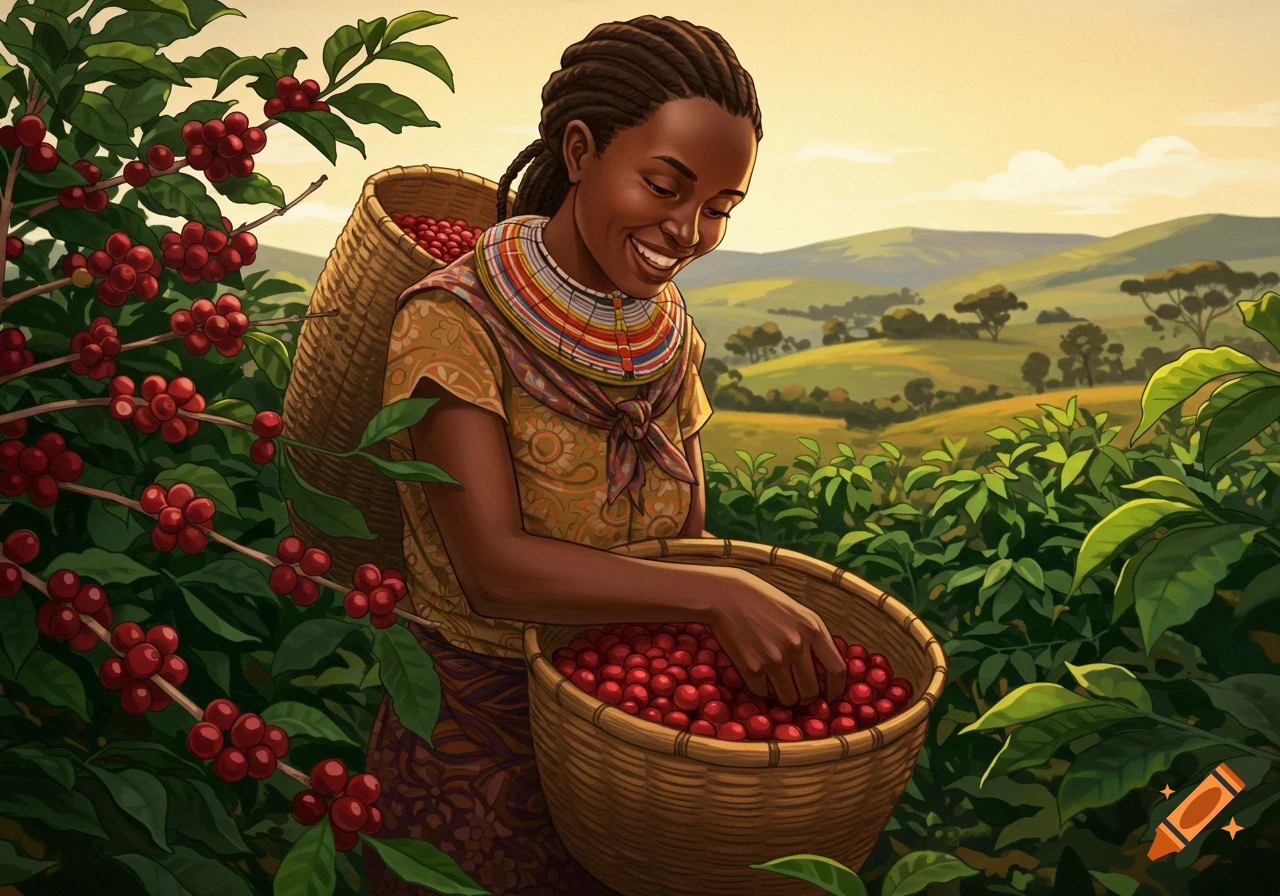 A Kenyan woman smiles while harvesting coffee cherries in a field.