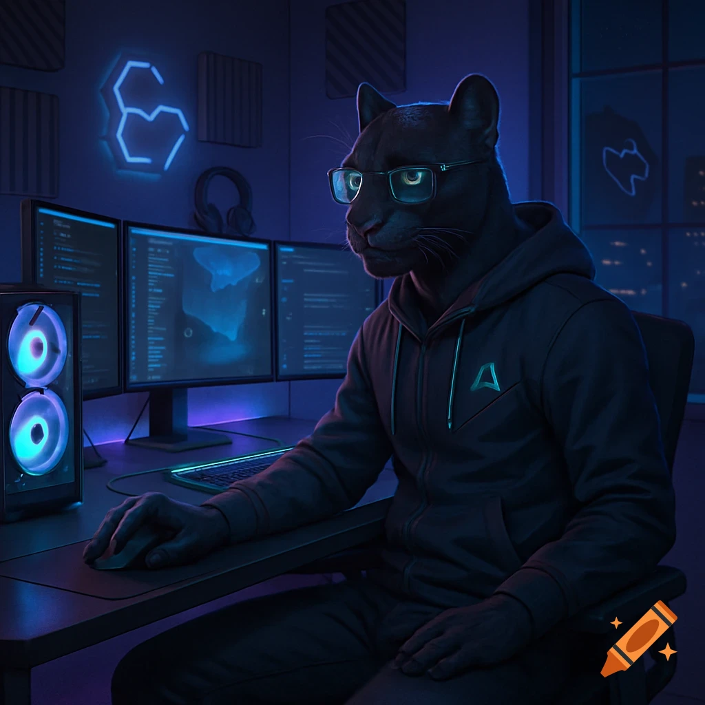Anthropomorphic black panther in glasses and a hoodie sitting at a tech desk with glowing monitors and PC.