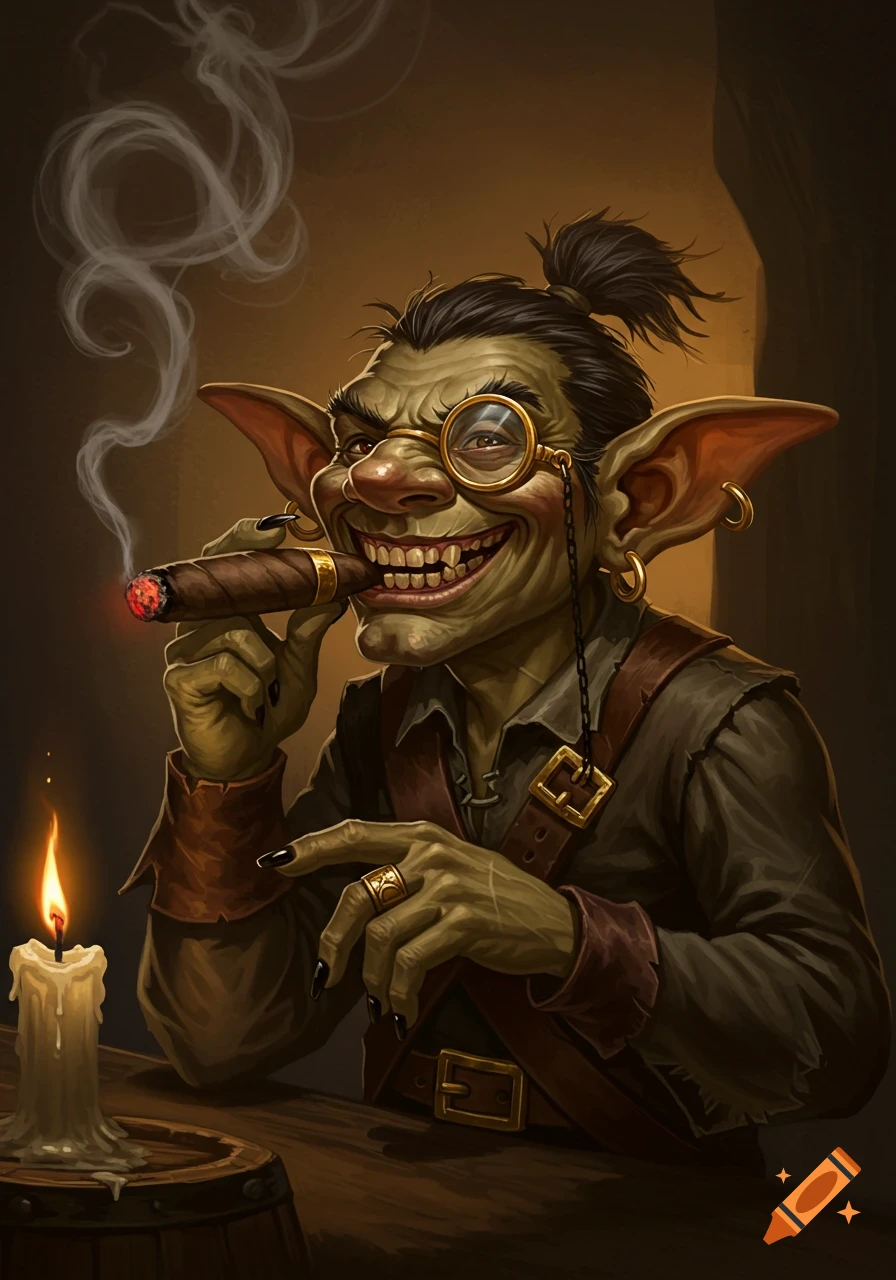 A green goblin with a monocle smokes a cigar at a table with a candle.