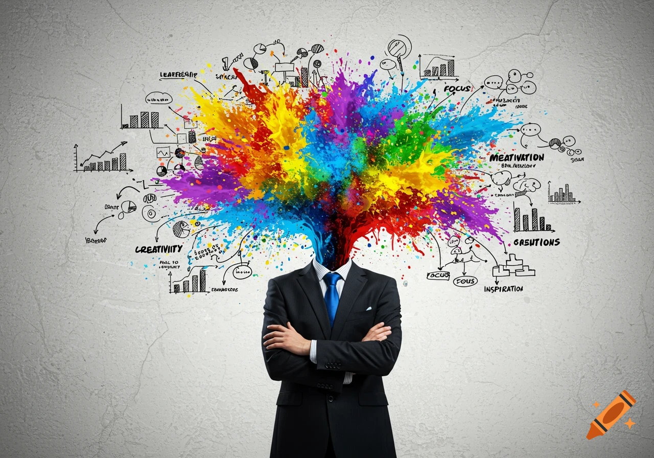 Man in suit with colorful paint splash head, surrounded by brainstorming diagrams and text on a wall.