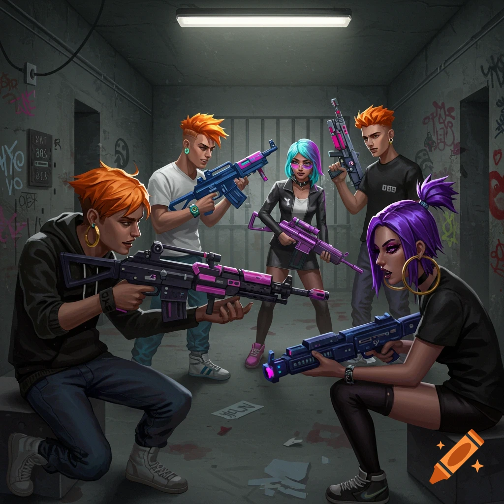 Several people holding stylized weapons in a gritty room with graffiti.