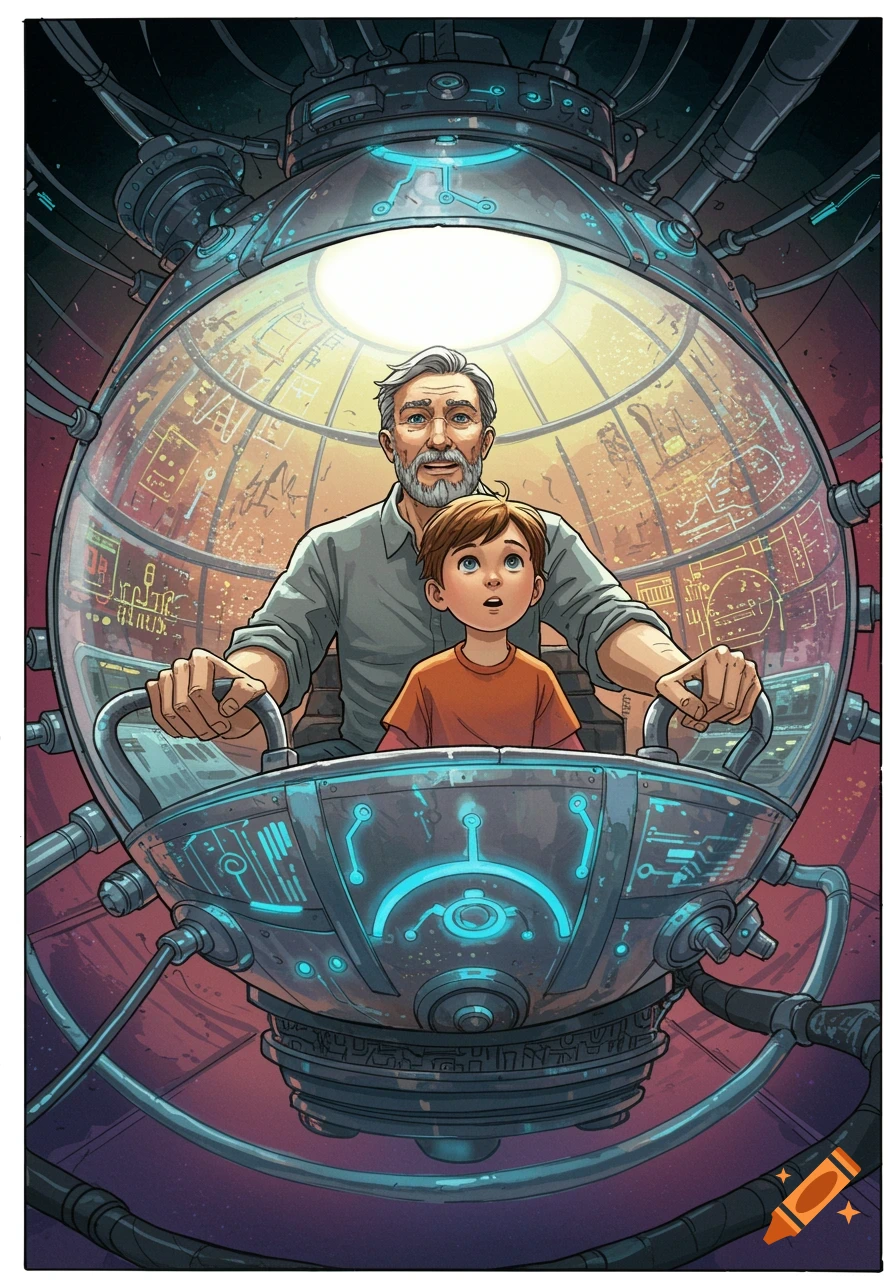 A father and son look excitedly from inside a glowing, futuristic time machine in a comic book style.