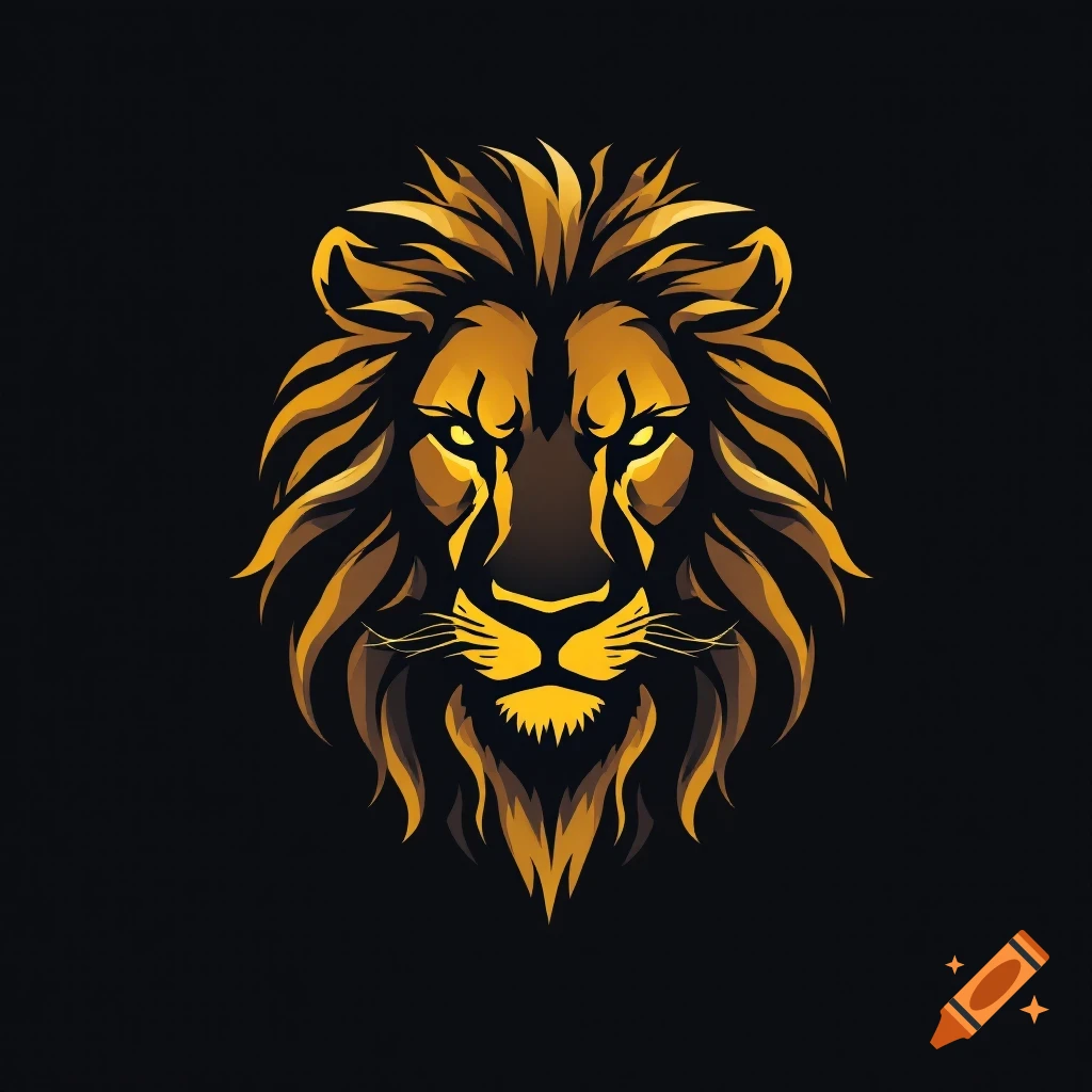 Stylized golden lion head logo on a black background