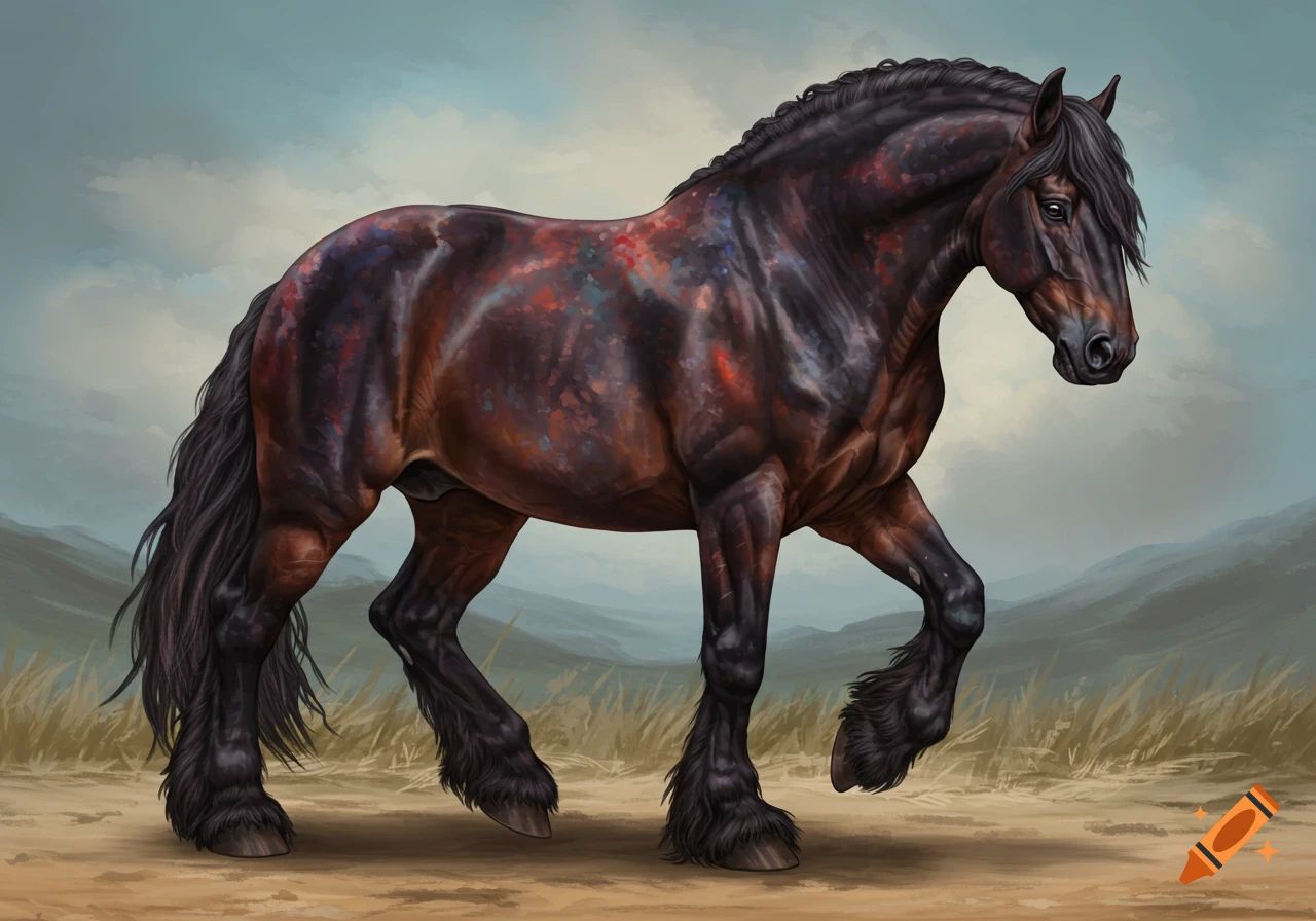 A large, dark horse with colorful splotches and feathered hooves stands in a landscape.