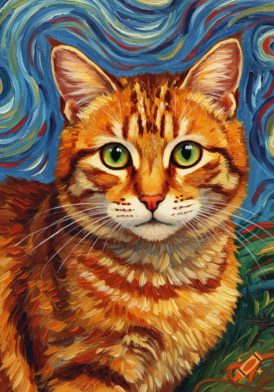 A close-up painting of an orange tabby cat with green eyes in the style of Van Gogh, with a swirling blue background.