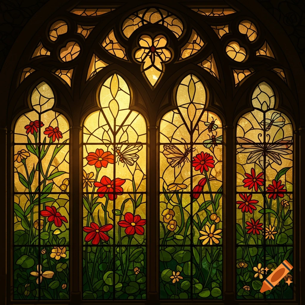 A stained glass window with flowers and insects