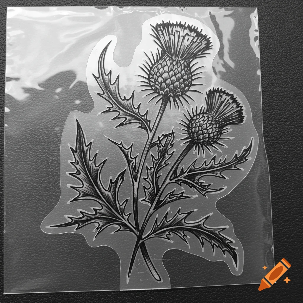 Black and white drawing of thistles on a clear sheet, like a tattoo stencil.