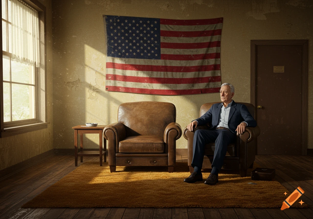 An old gentleman sits in a leather chair under an American flag in a room.