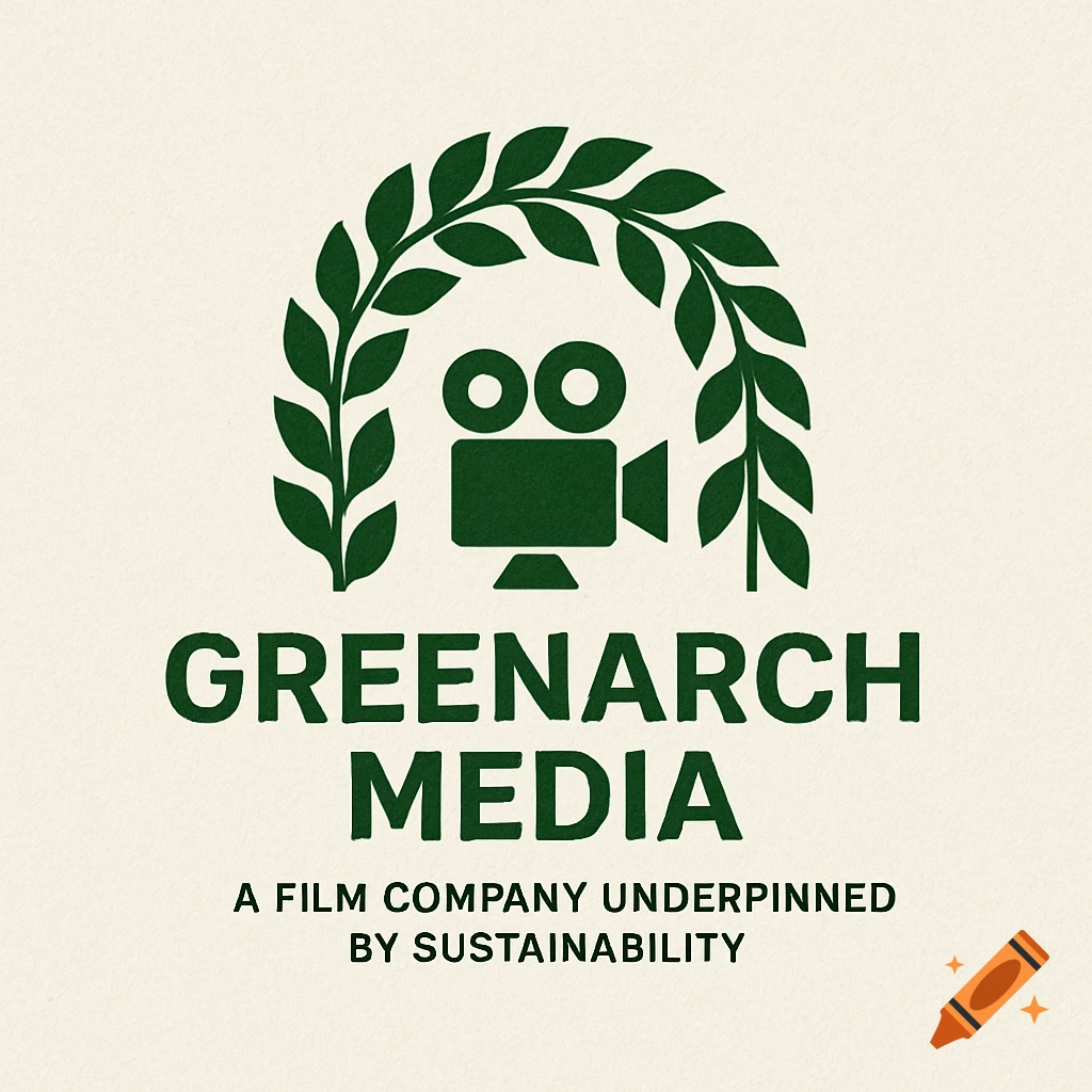 Logo for GreenArch Media featuring a film camera icon within a green leaf wreath.