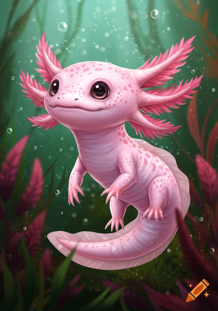 A cute pink axolotl-like creature swims among plants