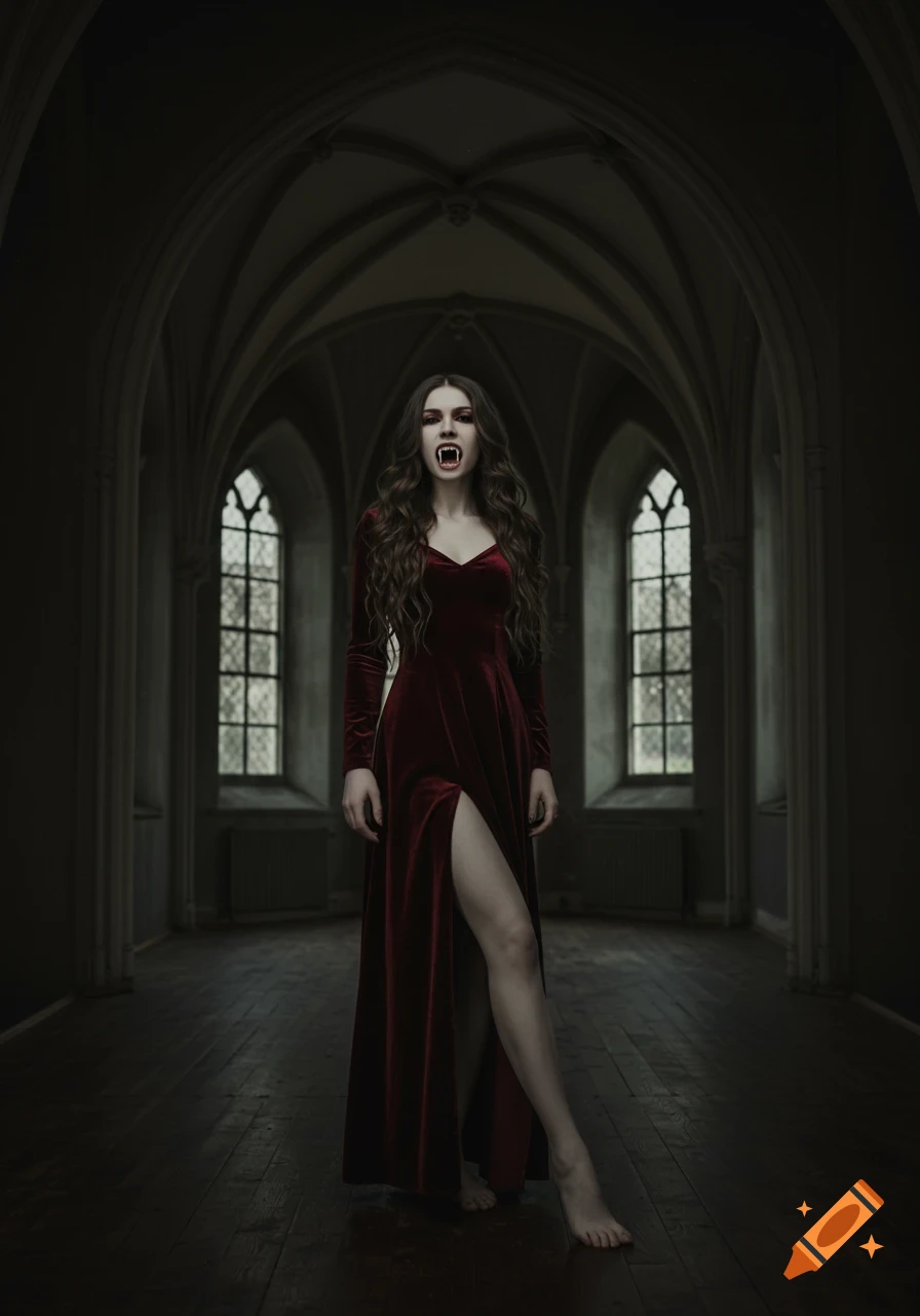 A female vampire with fangs, long dark hair, wearing a red dress with a slit, standing barefoot in a dark gothic hall.