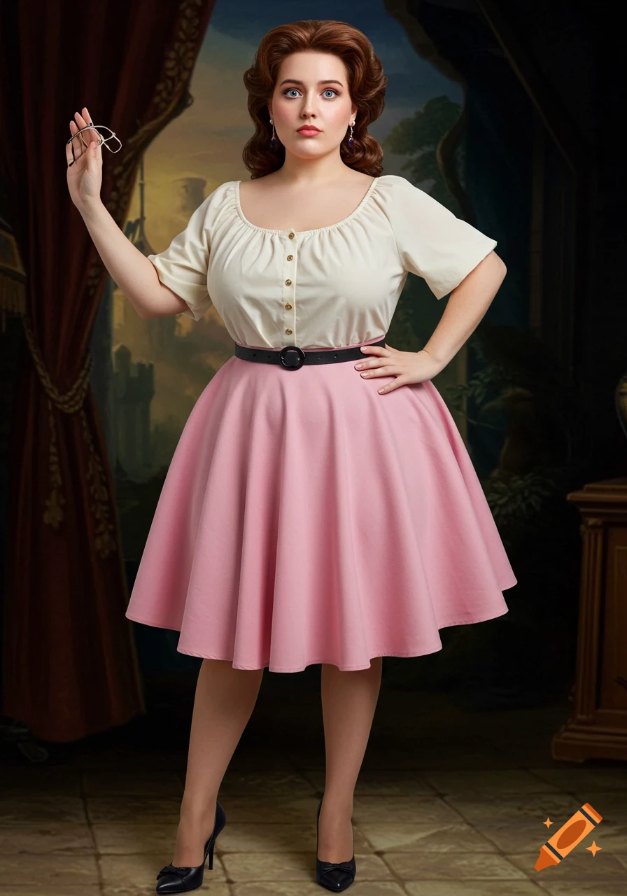 A woman in a cream blouse and pink circle skirt poses holding glasses.