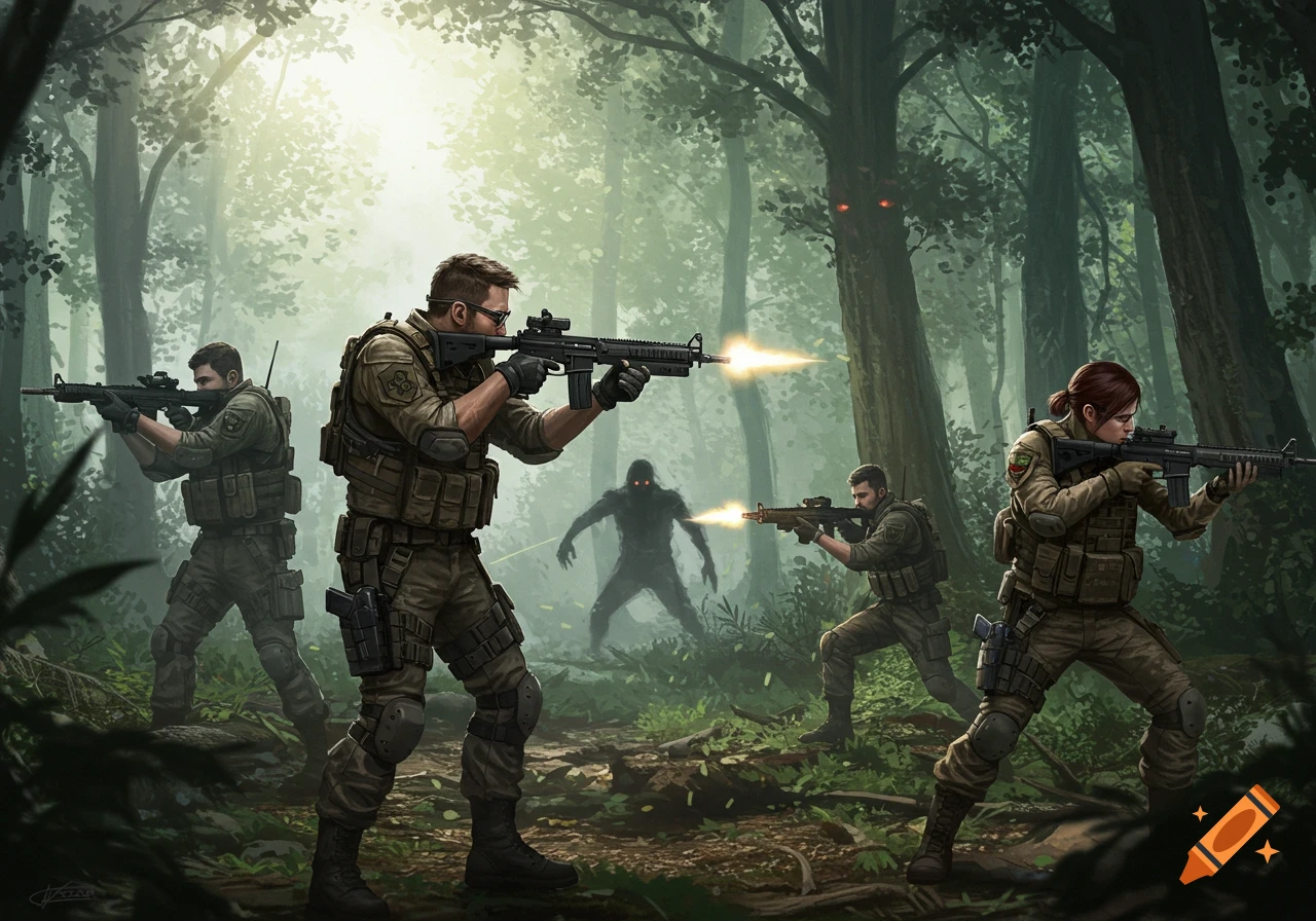 A tactical squad shooting a shadowy creature with glowing eyes in a misty forest.