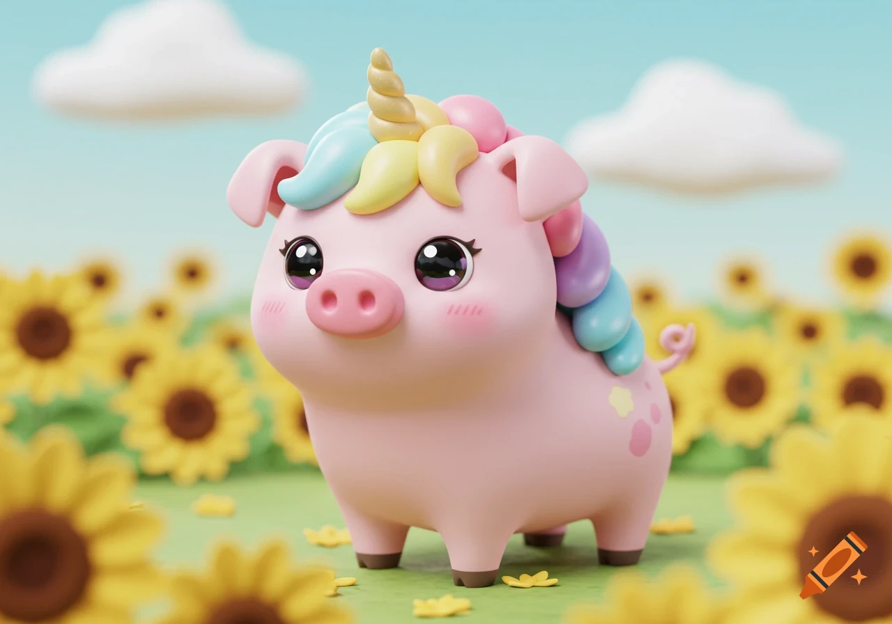 Cute cartoon pig with a unicorn horn and rainbow mane stands in a field of sunflowers.
