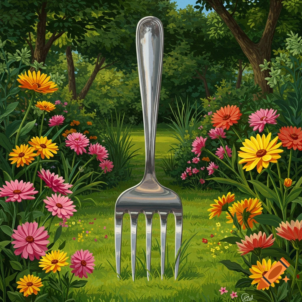 A giant fork stands tall in a lush garden filled with colorful flowers.