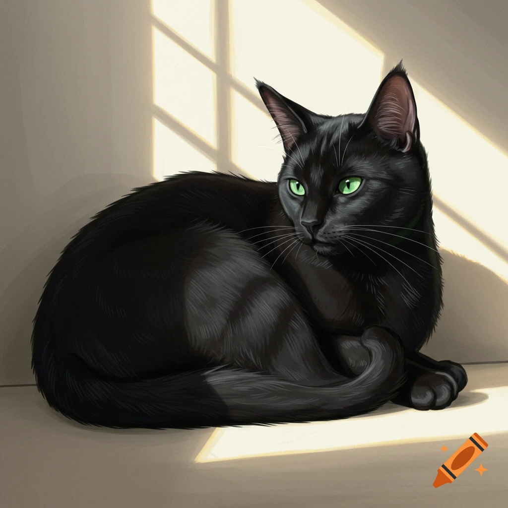 A black cat is curled up in sunlight, with green eyes.