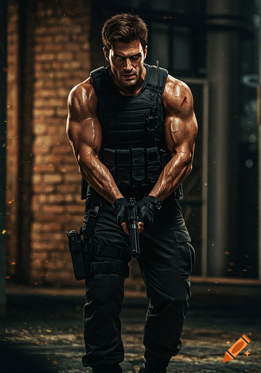 Muscular man in tactical gear with a gun.