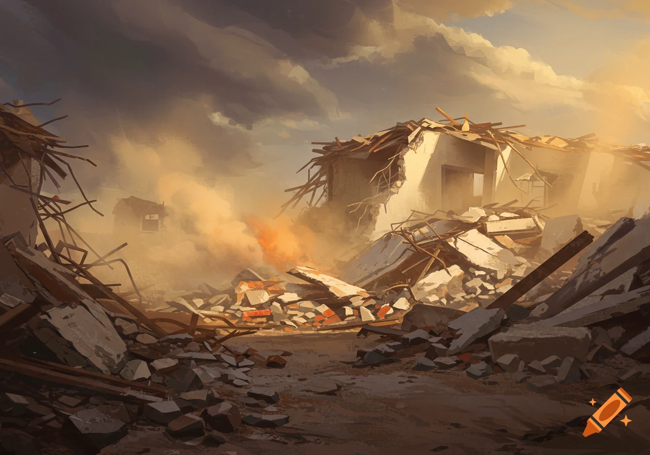 Building demolition debris with smoke and fire under a dramatic sky.