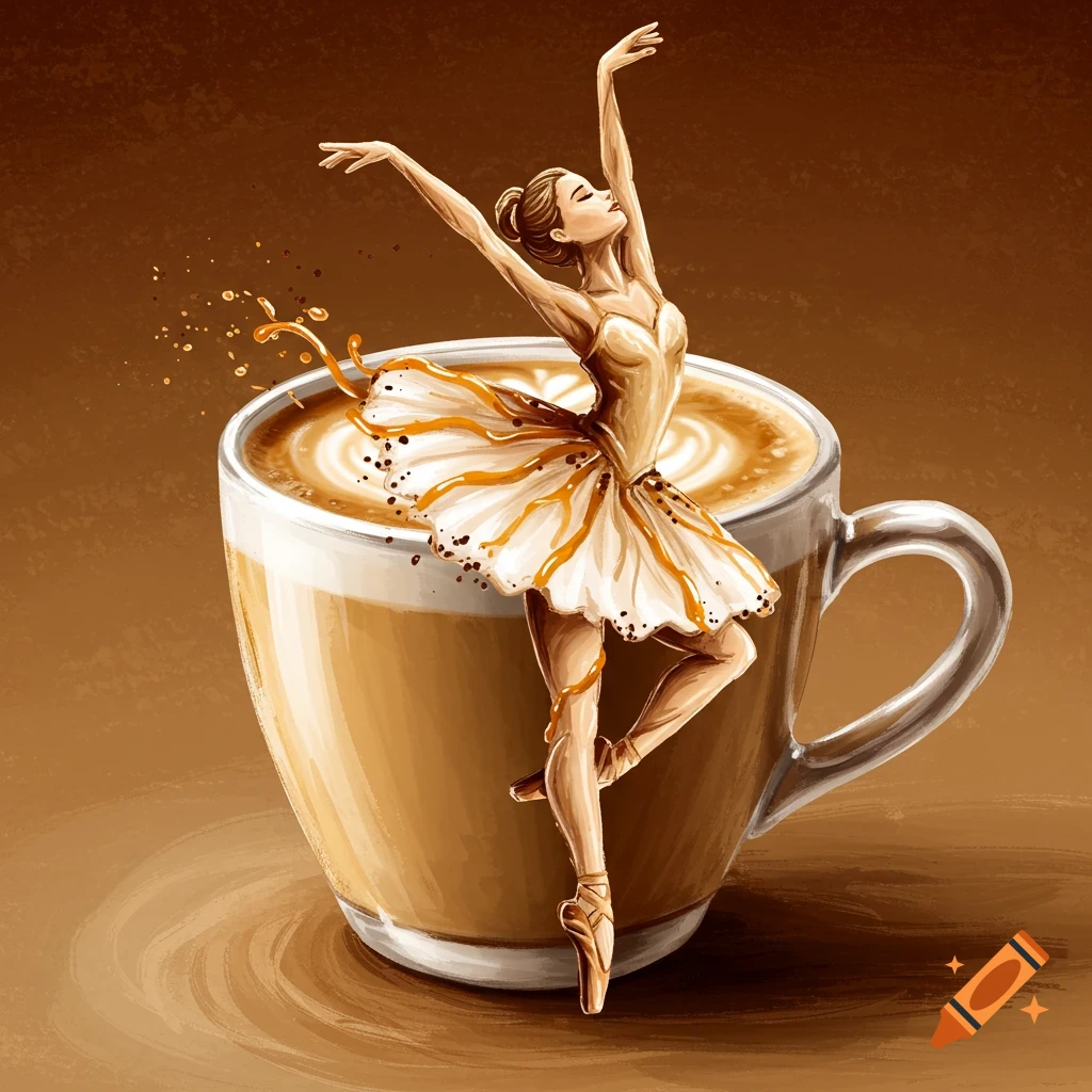 Painting of a ballerina dancing in a cappuccino cup with foam art.