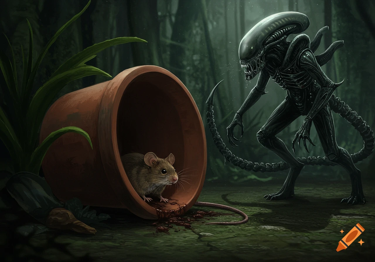 A small mouse hides in an overturned pot, threatened by a creature in a dark, swampy forest.