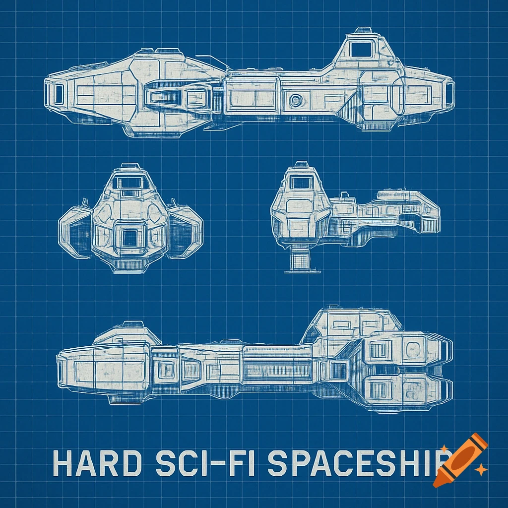 Blueprint drawing of a sci-fi spaceship with text on a blue grid background.