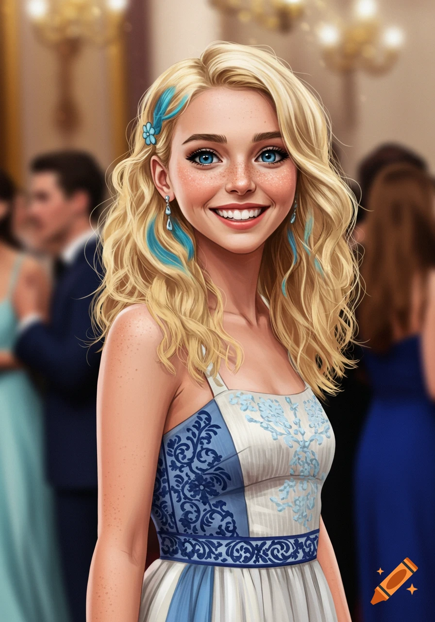 A young woman with blonde hair and blue eyes in a blue and white dress at a ball.