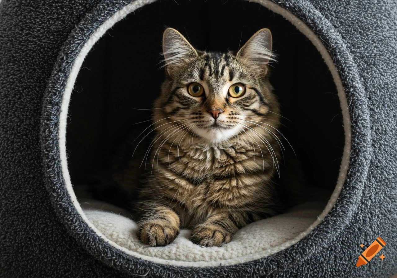 A photorealistic image of a tabby cat sitting inside a grey cat bed.