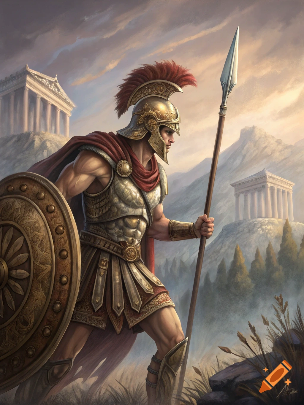 A Greek warrior in ornate gold armor and red cape holds a spear and shield, standing before distant temples in a painted style.