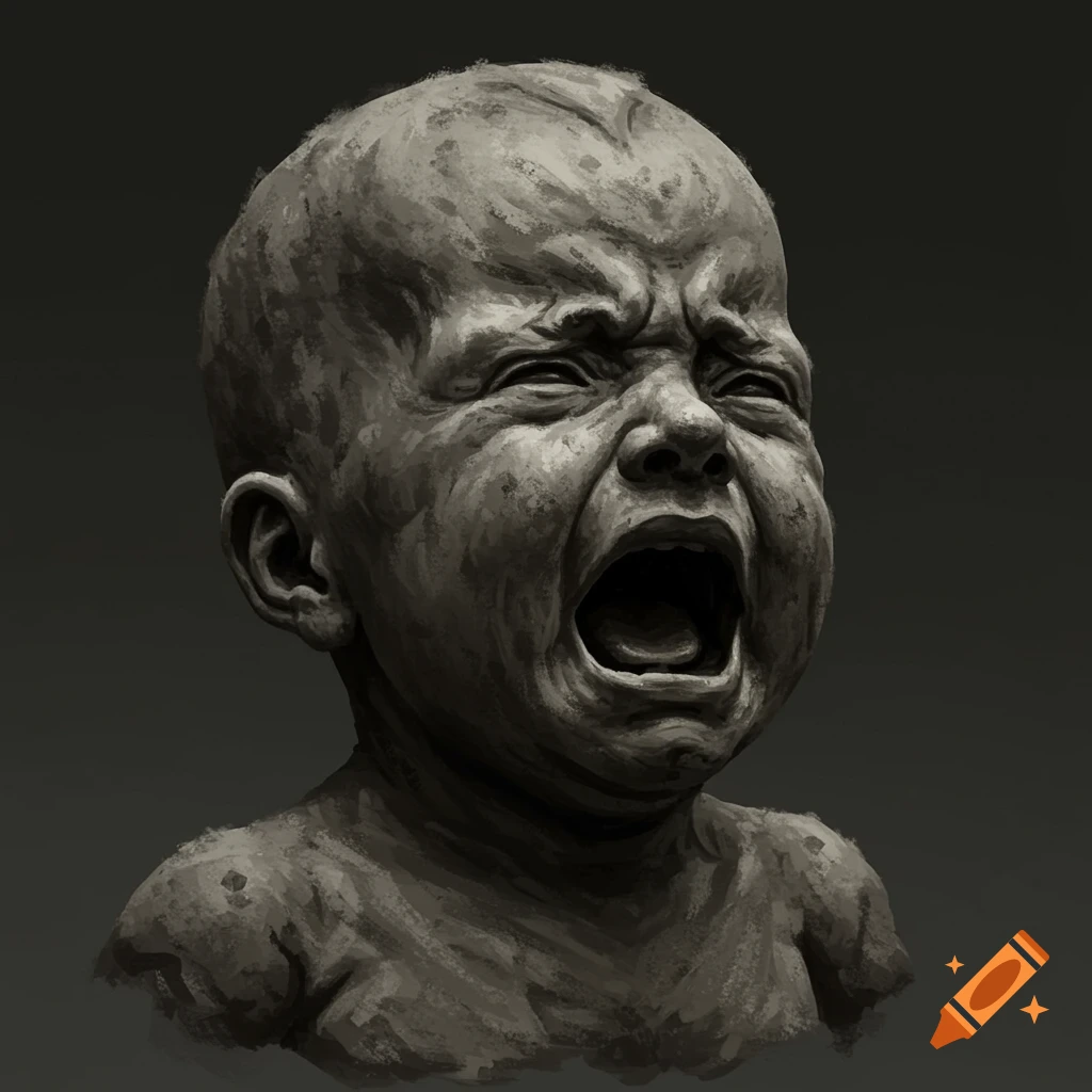 Screaming baby's head sculpted from ash in a dark, monochromatic style.