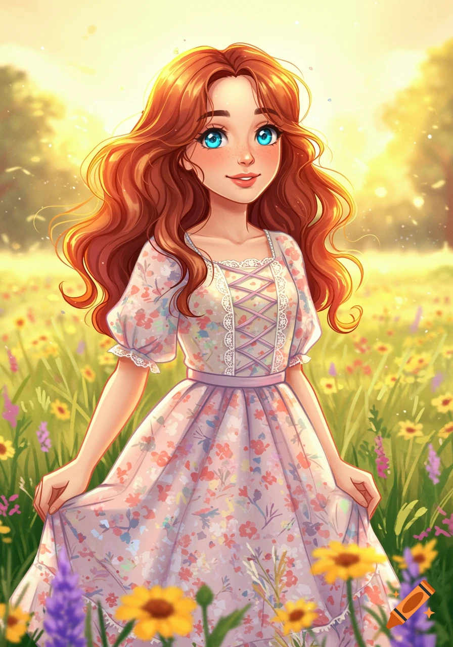 A girl with red hair and blue eyes in a floral dress stands in a sunny meadow.