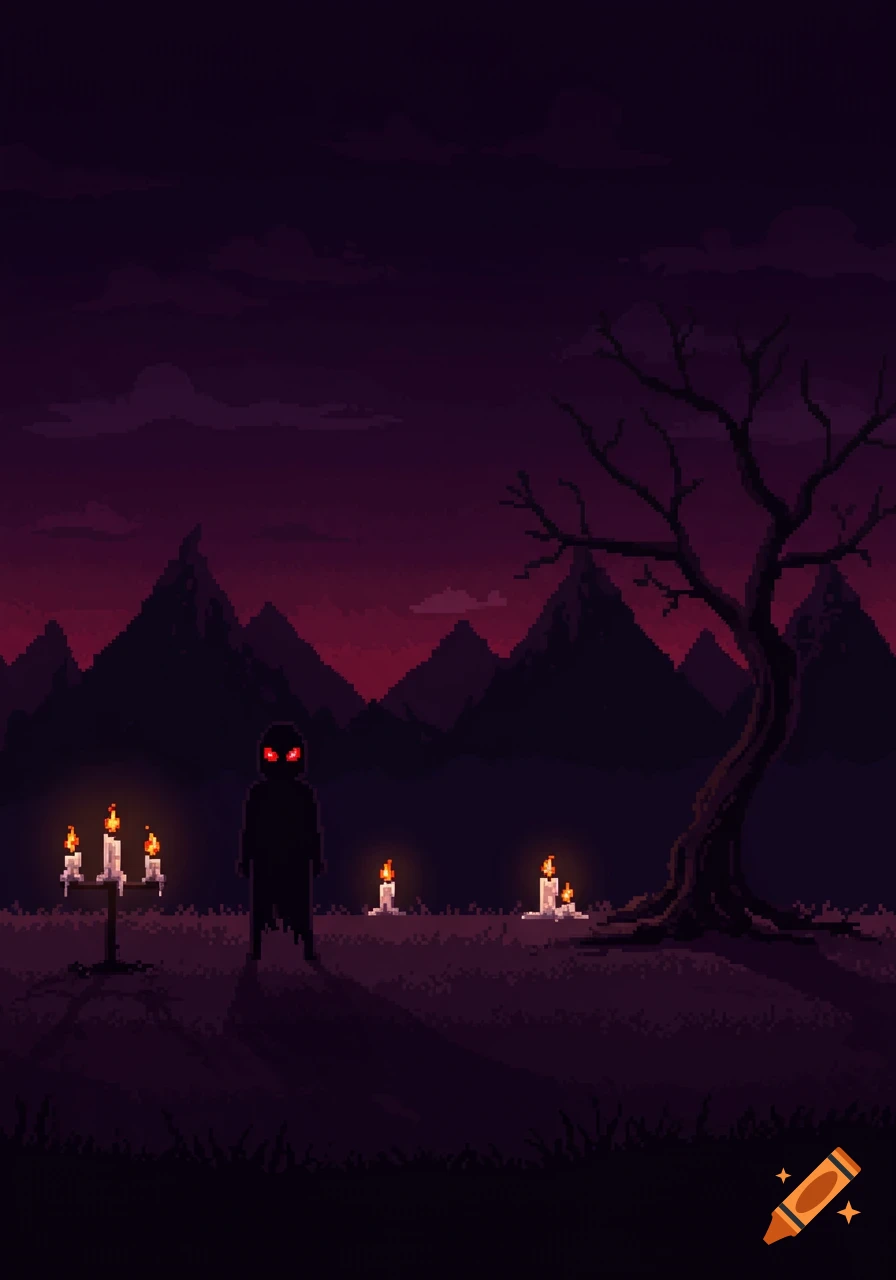 A pixel art scene of a shadowy figure with red eyes standing among candles in a dark landscape with mountains and a dead tree.