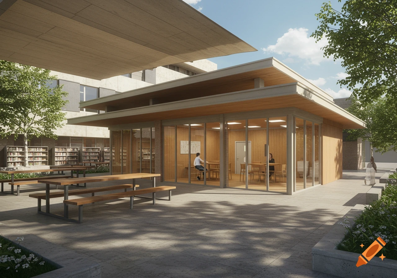 Architectural rendering of a modern pavilion next to a library with outdoor seating