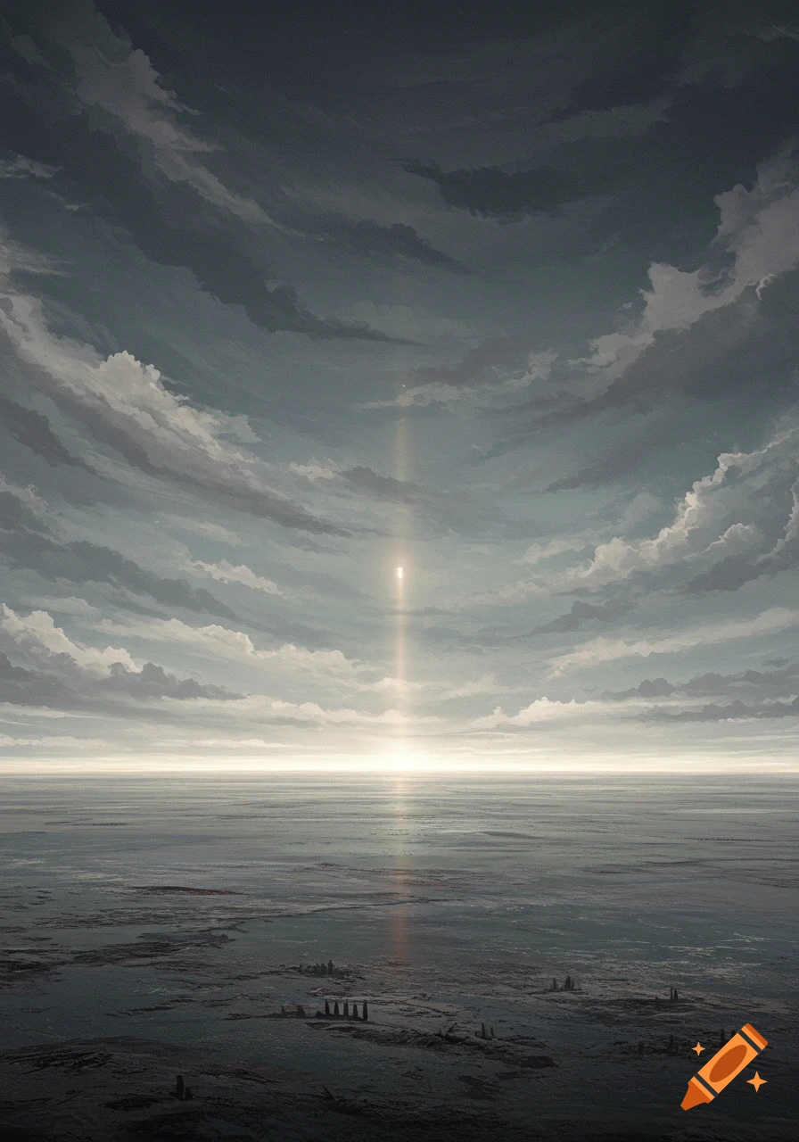 A cloudy sky over a vast landscape with a bright light beam rising from the horizon.