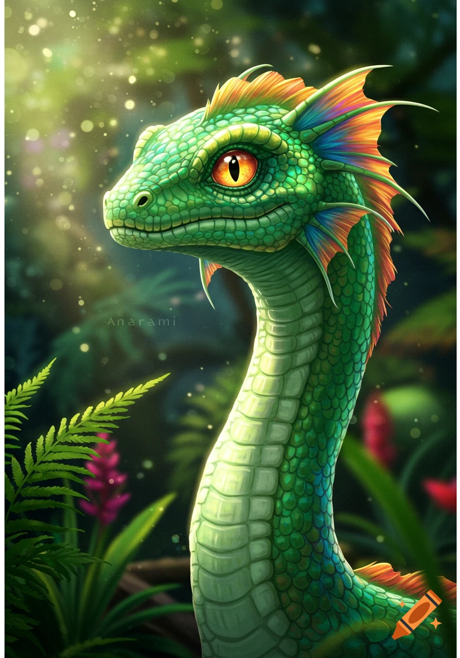A green fantasy creature with colorful fins is in a lush jungle setting.