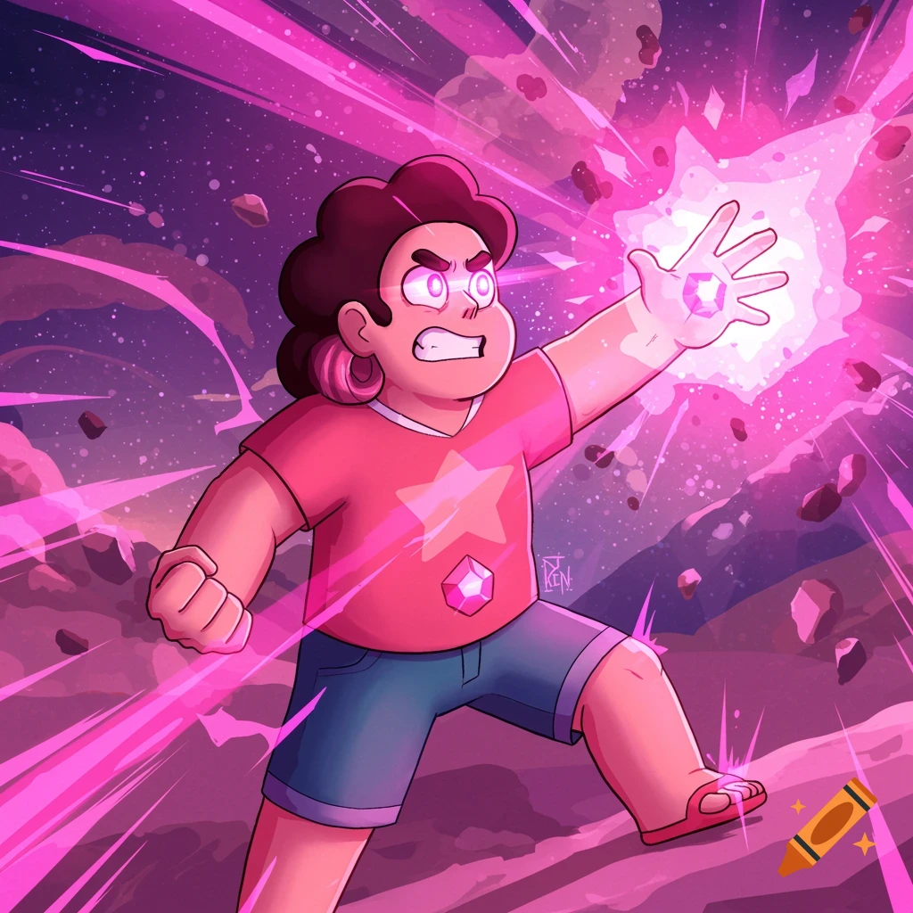 Steven Universe character using pink energy power in a cosmic scene, digital art style.