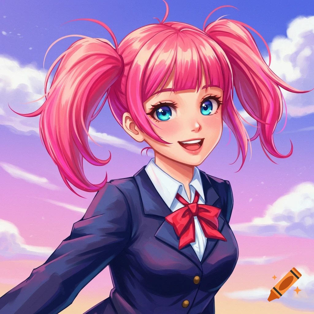 Anime portrait of a young woman with pink pigtails in a school uniform against a cloudy sky