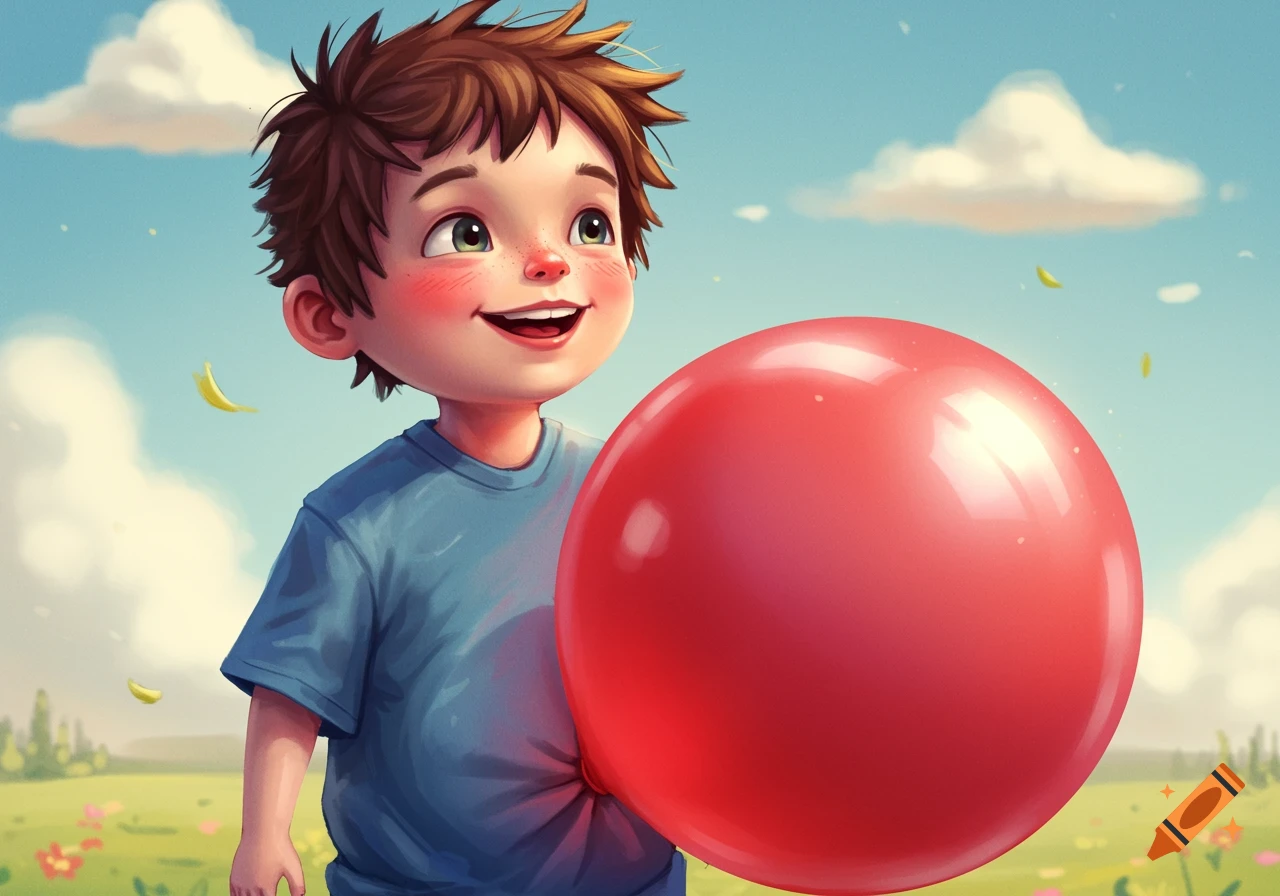Whimsical cheerful boy holding a large red balloon in a sunny field.