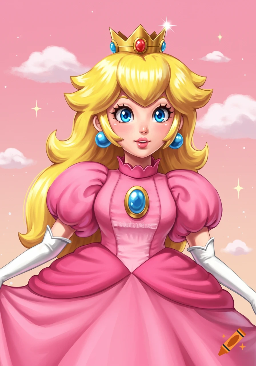 Princess Peach in her pink dress and crown, smiling in a cloudy sky.