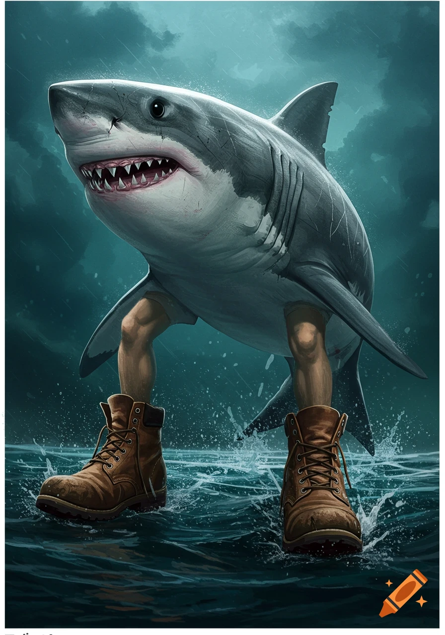 A shark standing in the water on human legs wearing brown boots